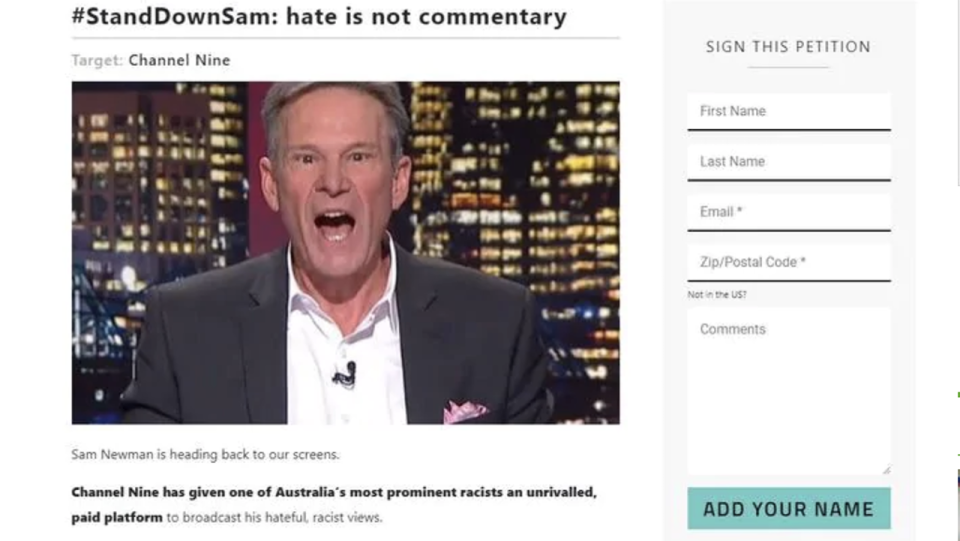 The Sam Newman petition, pictured here as a screenshot.