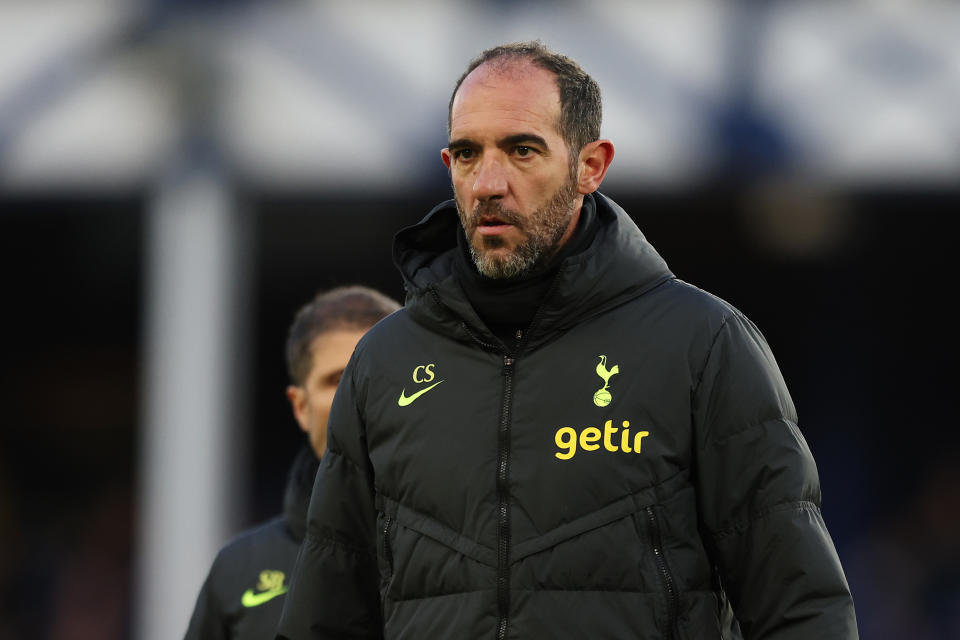 LIVERPOOL, ENGLAND - APRIL 03: Cristian Stellini, Interim Head Coach of Tottenham Hotspur looks on during warm ups prior to the Premier League match between Everton FC and Tottenham Hotspur at Goodison Park on April 03, 2023 in Liverpool, England. (Photo by Tottenham Hotspur FC/Tottenham Hotspur FC via Getty Images)