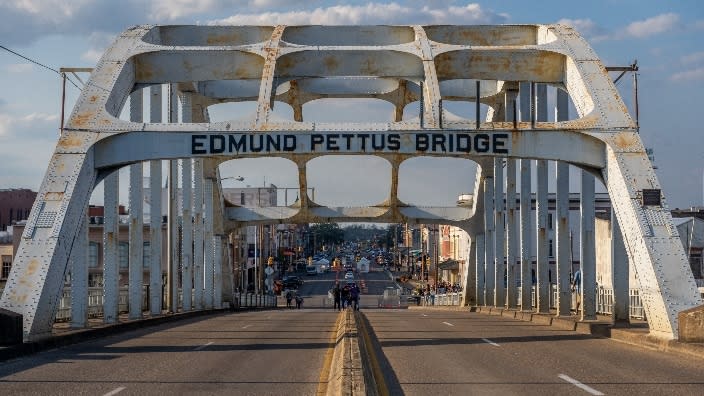 The Edmund Pettus Bridge in Selma, Alabama, is seen during commemorations of the 57th anniversary of Selma’s “Bloody Sunday” early last month. (Photo: Brandon Bell/Getty Images)