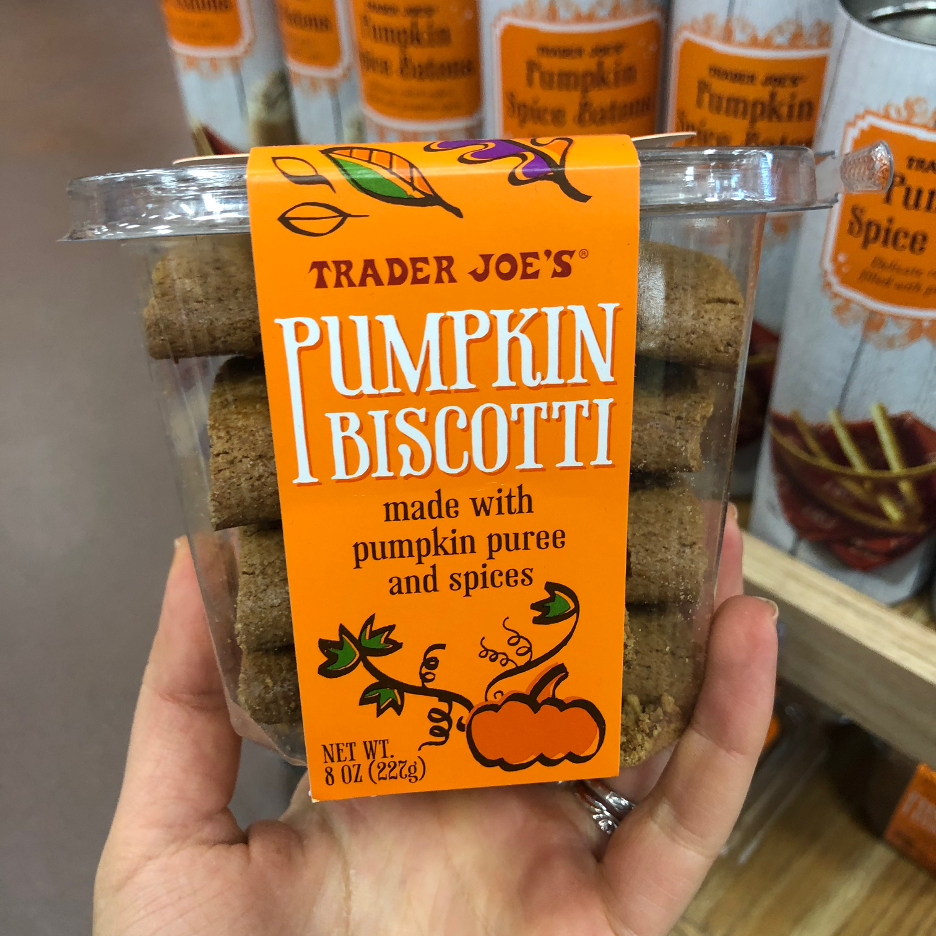 <p>The flavor on these seasonal biscotti are simply irresistible, just be sure to pick up a container quick since they get sold-out in a flash. Made with pumpkin puree and spices, <strong>w</strong><strong>e like this pick dipped in TJ's seasonal Harvest Blend Herbal Tea or in a cup of hot pumpkin-spice coffee.</strong></p>