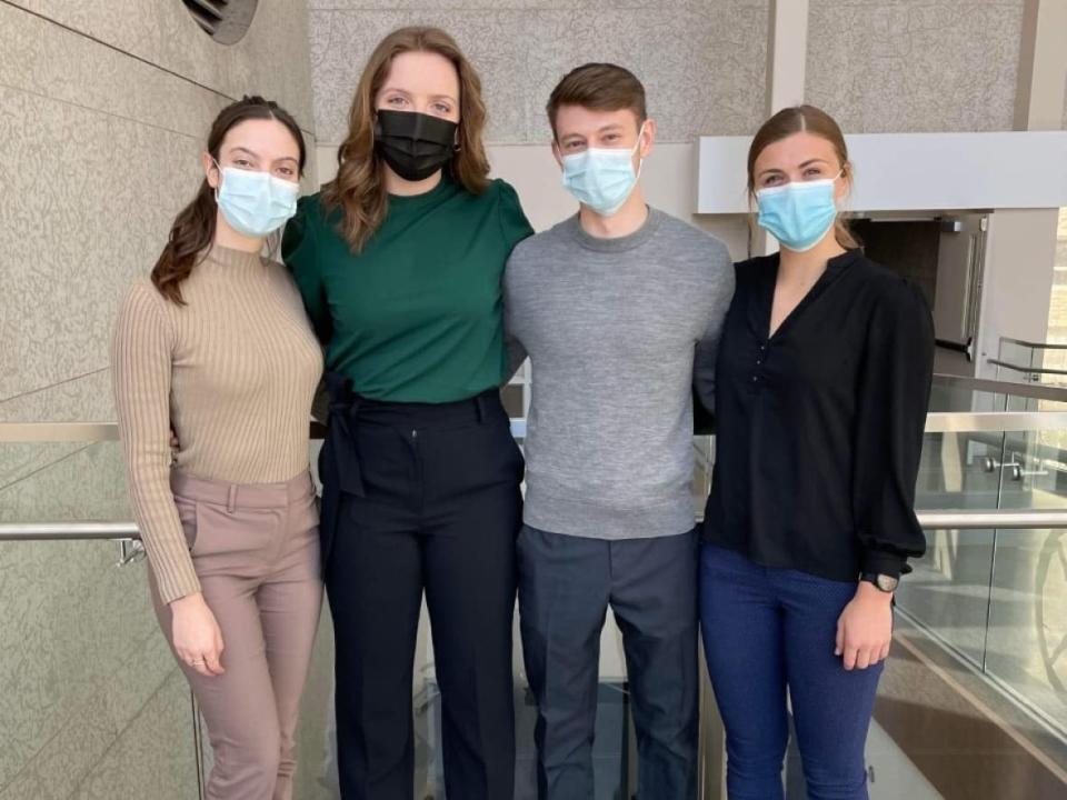 Members of the Students for Harm Reduction and Informed Policy at the University of Saskatchewan&#39;s college of medicine are calling on the government to financially support the supervised consumption site in Saskatoon. Pictured, from left to right, are Alyx Orieux, Erin Tilk, Ryan Krochak and Lindsay Balezantis.  (Submitted by Ryan Krochak - image credit)