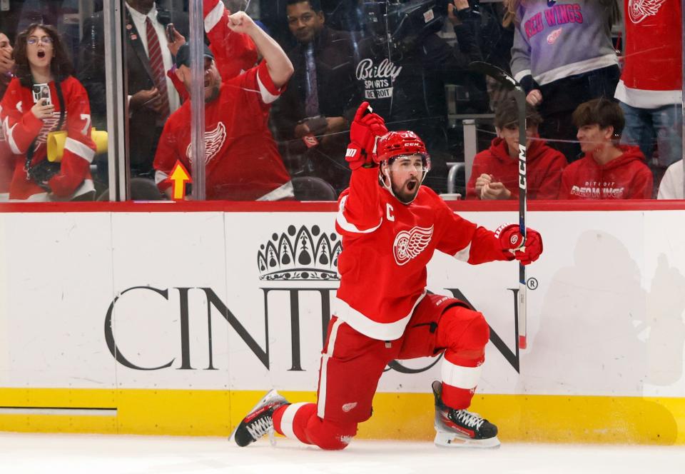 Detroit Red Wings center Dylan Larkin (71) celebrates after scoring against the Vegas Vegas Golden Knights during the first period at Little Caesars Arena in Detroit on Saturday, Jan. 27, 2024.