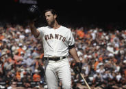 FILE - In this Sunday, Sept. 29, 2019, file photo, San Francisco Giants' Madison Bumgarner waves toward fans before pinch hitting against the Los Angeles Dodgers during the fifth inning of a baseball game in San Francisco. The Giants plan to meet with the free agent left-hander’s representatives during the December 2019 baseball winter meetings in San Diego. (AP Photo/Jeff Chiu, File)