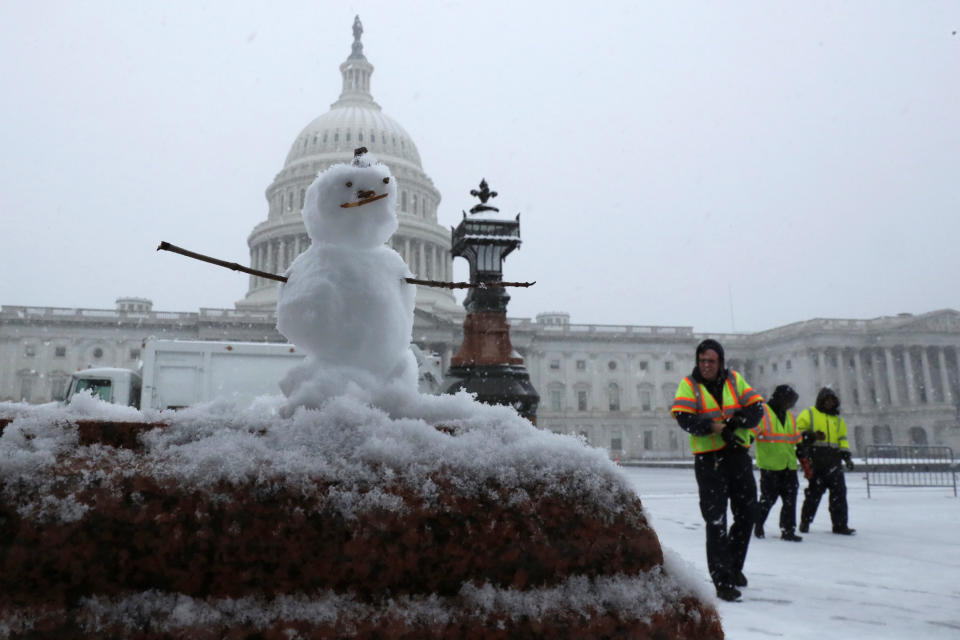 A tiny snowman sits on a ledge in a light snow at the U.S. Capitol in Washington, U.S. November 15, 2018. REUTERS/Jonathan Ernst