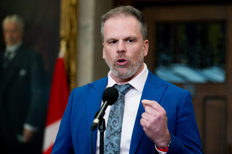 Minister of Health Mark Holland had stern remarks about nicotine pouches during a press conference on Parliament Hill in Ottawa on March 20. (The Canadian Press/Spencer Colby)