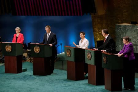 Former United Nations climate chief Christiana Figueres (C) speaks during a debate in the United Nations General Assembly between candidates vying to be the next U.N. Secretary General at U.N. headquarters in Manhattan, New York, U.S., July 12, 2016. REUTERS/Mike Segar