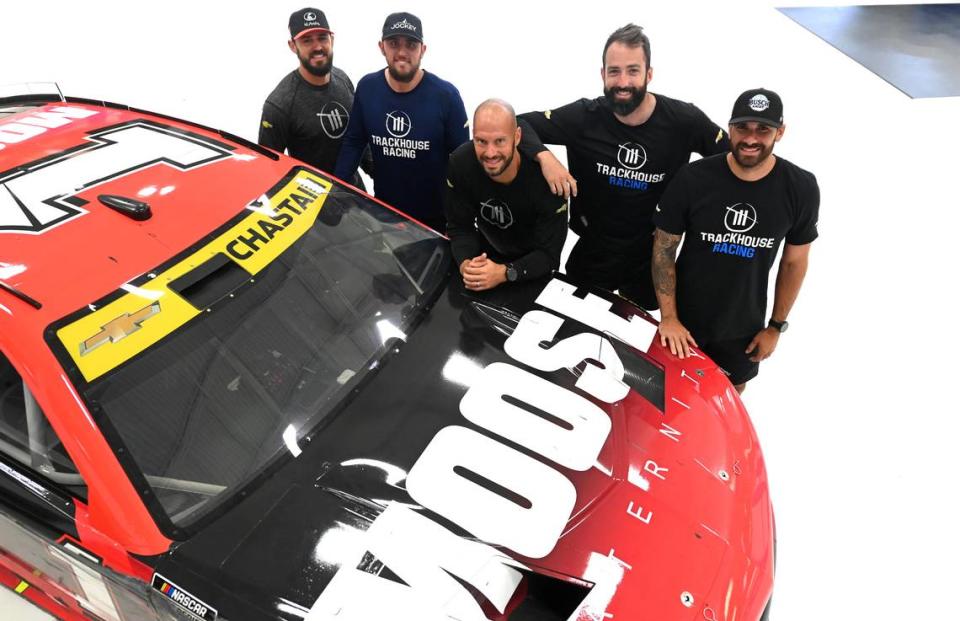 NASCAR driver Ross Chastain’s Trackhouse Racing pit crew members (L-R) Ken Pozega, Matt Simmons, Shane Wilson, Brook Davenport and Michael Roberts on Tuesday, June 11, 2024.