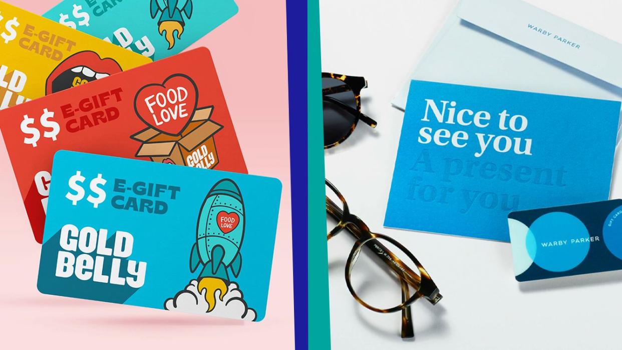 gold belly e gift card and warby parker gift card with glasses around it