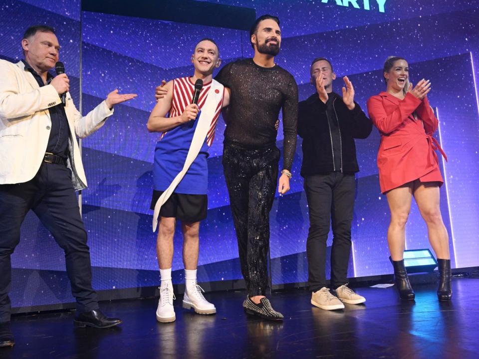 Olly Alexander (second from left) with Paddy O’Connell (left), Rylan Clark, Scott Mills and Lucie Jones during the London Eurovision Party in April (Getty Images)