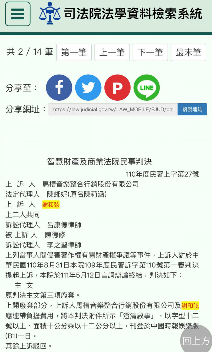 謝和弦、陳德修歌曲版權打官司，二審判決出爐，謝仍敗訴。（圖／翻攝自司法院）