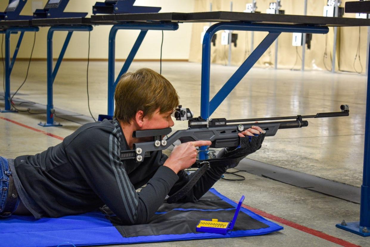 Fourteen-year-old Landon Miller of Fremont shoots prone during open public shoots at the Gary Anderson CMP Competition Center on Tuesday. Anyone, even those with no shooting experience, are welcome to try airgun shooting at the center.