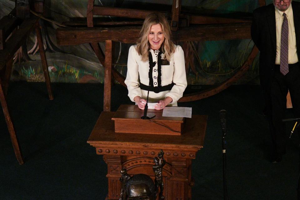 Museum of Appalachia President Lindsey Meyer Gallaher, the late founder John Rice Irwin's granddaughter, speaks during a celebration of the life of Alex Haley for the Heroes of Southern Appalachia at the Museum of Appalachia on Friday, March 1, 2024. Each "Heroes of Appalachia" award is present to a person of Southern Appalachian heritage, who embodies the spirit of the region with characteristics of perseverance, fortitude self-reliance, and service.