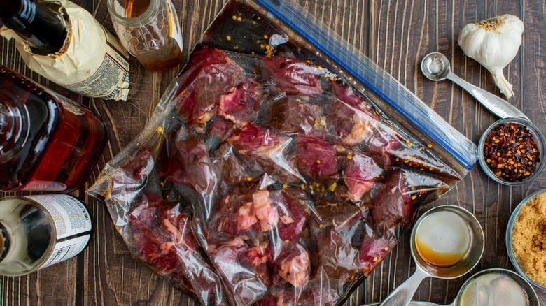 bourbon marinated meat in bag