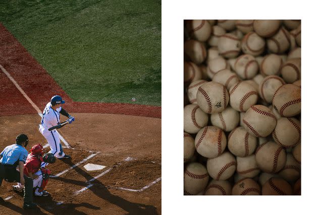 <p>Irwin Wong</p> From left: Shugo Maki of Japan's Yokohama DeNA BayStars at bat in his home stadium; balls printed with the the Yomiuri Giants' logo.