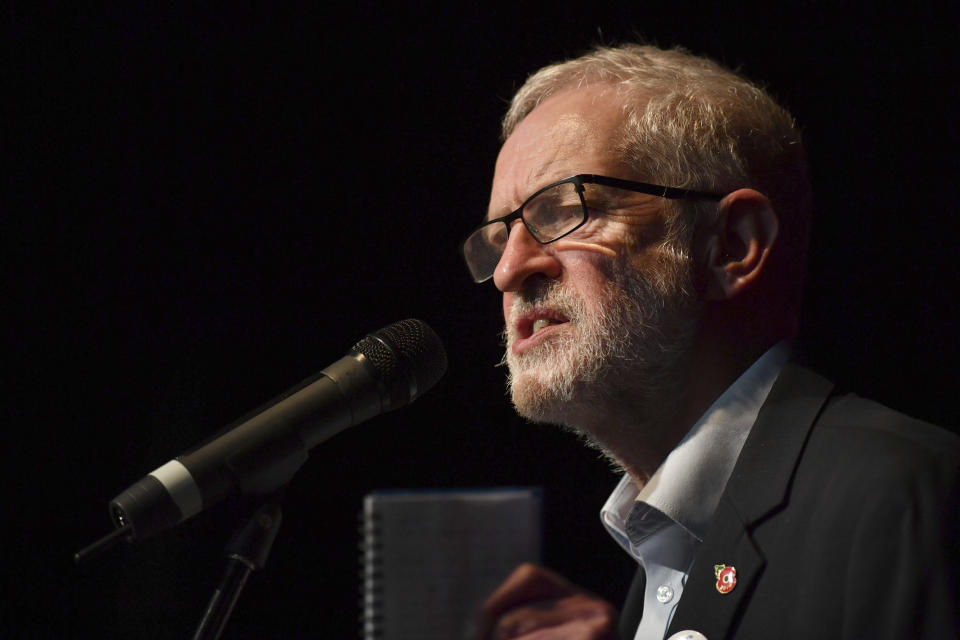 Britain's Labour Party leader Jeremy Corbyn speaks at the Library Theatre in Darwen, north west England, Thursday Nov. 7, 2019, while on the general election campaign trail. All 650 seats in the House of Commons are up for grabs in the Dec. 12 election, which is coming more than two years early. Some 46 million British voters are eligible to take part in the country's first December election in 96 years. (Jacob King/PA via AP)