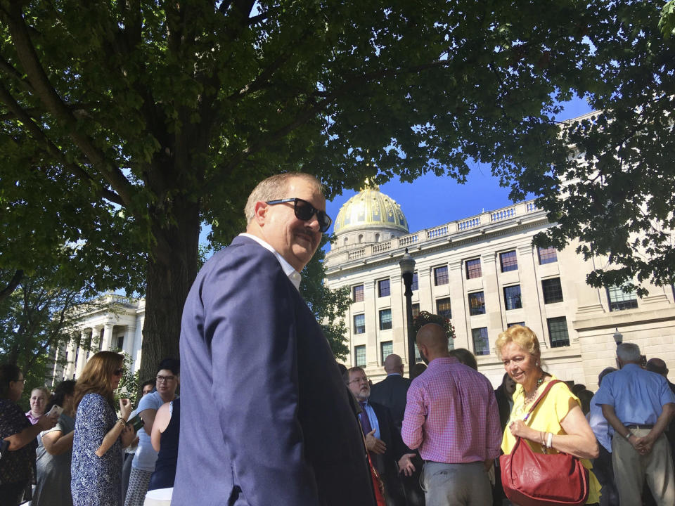 FILE - Former coal executive Don Blankenship waits outside the West Virginia Capitol, Aug. 29, 2018, in Charleston, W.Va. Blankenship, who lost in the 2018 U.S. Senate primary as a Republican, is running in the May 14 Democratic primary for the seat being vacated by Sen. Joe Manchin. (AP Photo/John Raby, File)