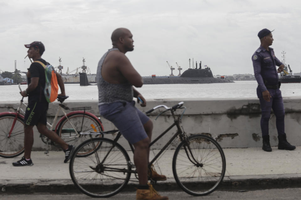 Russia's Kazan nuclear-powered submarine arrives at the port of Havana, Cuba, Wednesday, June 12, 2024. A fleet of Russian warships reached Cuban waters on Wednesday ahead of planned military exercises in the Caribbean. (AP Photo/Ariel Ley)