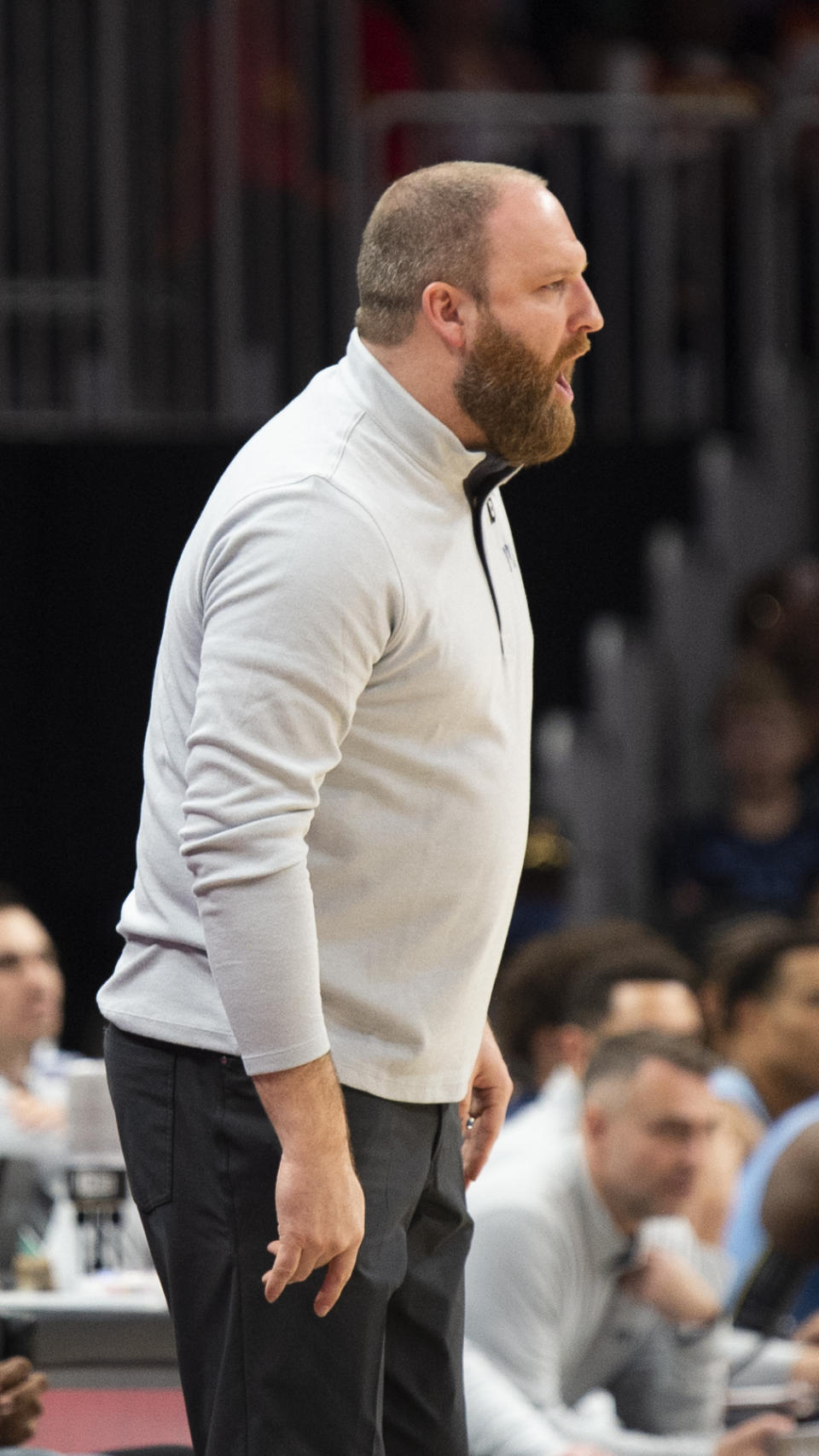 Memphis Grizzlies head coach Taylor Jenkins yells during the first half of an NBA basketball game against the Atlanta Hawks, Sunday, March 26, 2023, in Atlanta. (AP Photo/Hakim Wright Sr.)