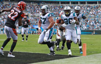 Carolina Panthers' C.J. Anderson (20) runs for a touchdown against the Cincinnati Bengals during the first half of an NFL football game in Charlotte, N.C., Sunday, Sept. 23, 2018. (AP Photo/Jason E. Miczek)