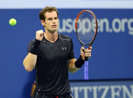 Sep 1, 2015; New York, NY, USA; Andy Murray of Great Britain celebrates after defeating Nick Kyrgios of Australia on day two of the 2015 U.S. Open tennis tournament at USTA Billie Jean King National Tennis Center. Mandatory Credit: Jerry Lai-USA TODAY Sports