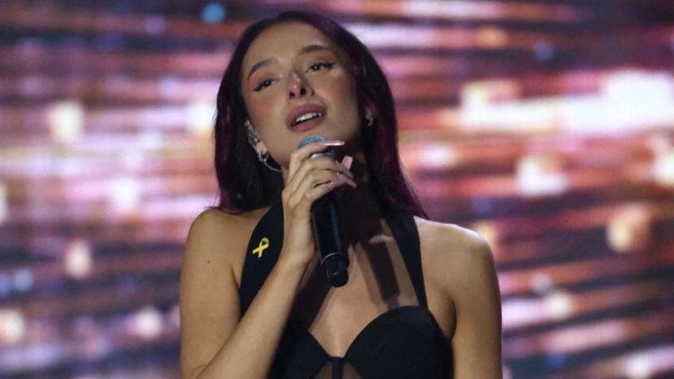 Eden Golan, Israel's representative for the Eurovision Song Contest 2024 in Malmö, sings during the closing stages of 'Rising Star', the Israeli national selection show for the Eurovision Song Contest, in Neve Ilan, Israel, February 6, 2024