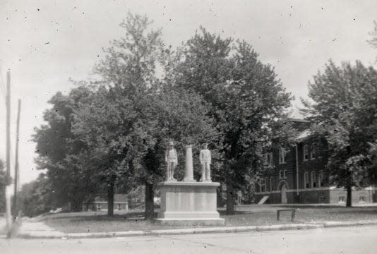The World War I monument in Carlisle, Indiana, as it appeared in the 1920s.