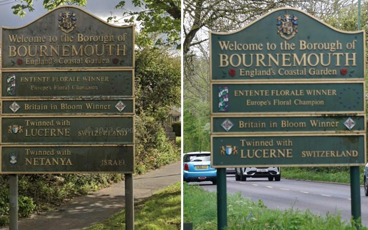 The sign on Magna Road before and after the Netanya plaque was removed