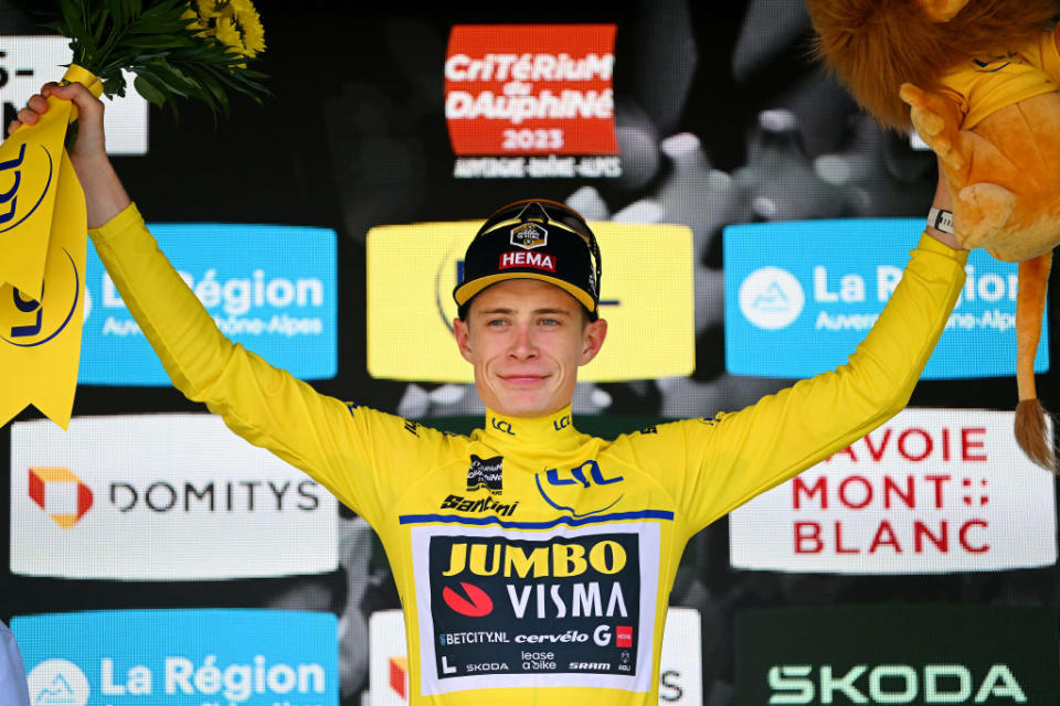 SALINSLESBAINS  JUNE 08 Jonas Vingegaard of Denmark and Team JumboVisma celebrates at podium as Yellow leader jersey winner during the 75th Criterium du Dauphine 2023 Stage 5 a 1911km stage from CormoranchesurSane to SalinslesBains  UCIWT  on June 08 2023 in SalinslesBains France Photo by Dario BelingheriGetty Images