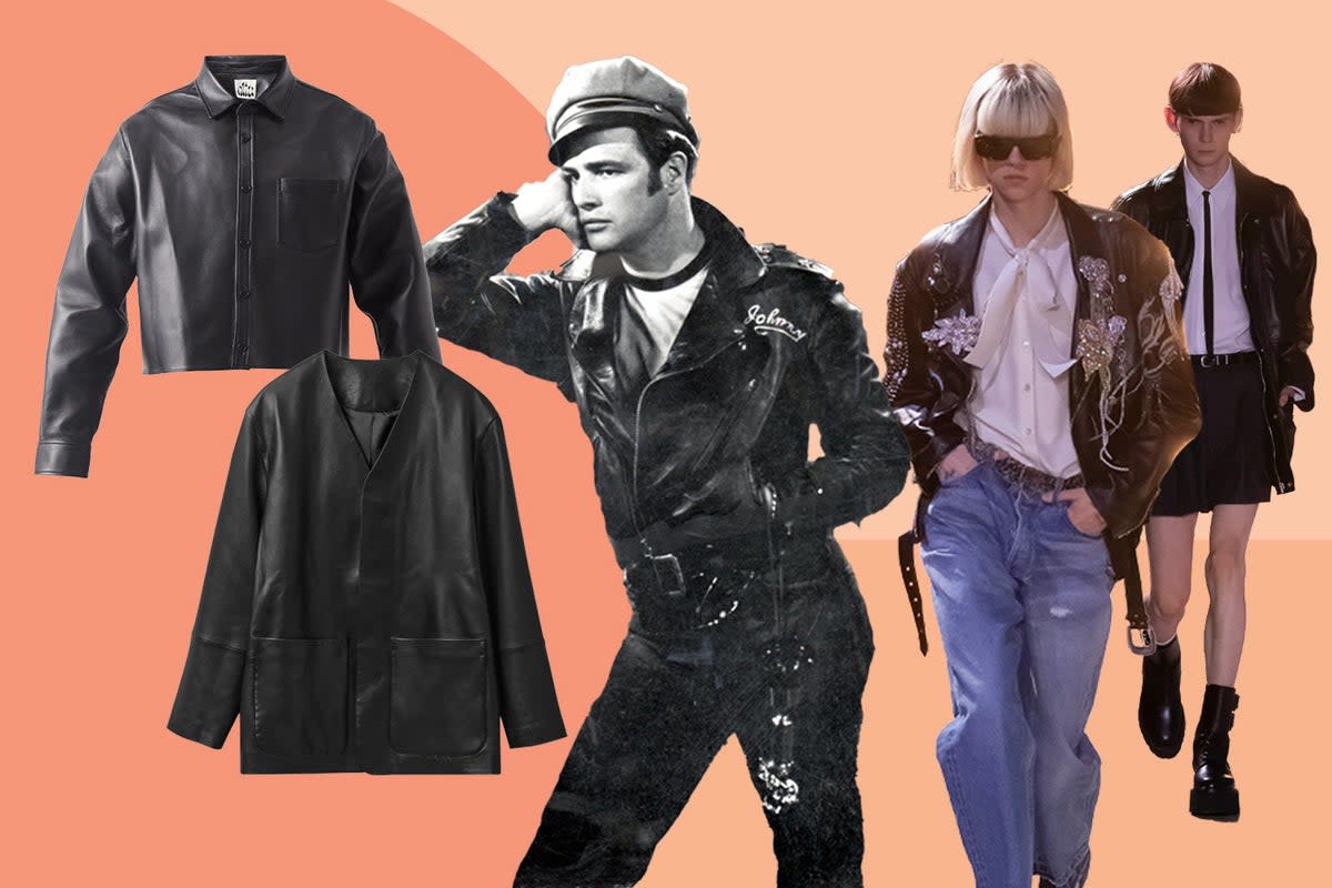 From left to right: Leather jackets: Altu, Cos. Marlon Brando in The Wild One. Models walking in Celine SS23.  (Columbia Tristar & Press images)