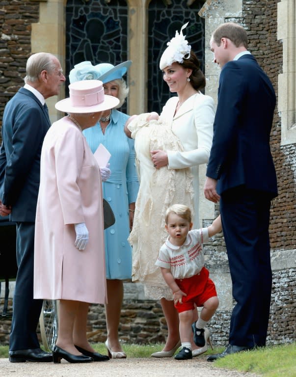 Britain's Catherine, Duchess of Cambridge (2nd R) and Prince William, Duke of Cambridge (R) talk to Queen Elizabeth II (2nd L), Prince Philip, Duke of Edinburgh (L) and Camilla, The Duchess of Cornwall (3rd L) as they leave Charlotte's Christening