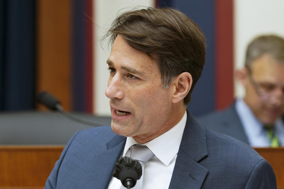 FILE - Rep. Garret Graves, R-La., left, speaks on Capitol Hill in Washington, May 18, 2022. Graves has been named to represent Republicans in negotiations with the White House on the debt limit. (AP Photo/Mariam Zuhaib, File)