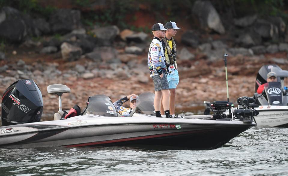 Crescent High anglers Luke McGuffin, left, and Kaleb Butts wait to launch during the 2022 Abu Garcia Bassmaster High School Championship presented by Academy Sports + Outdoors at Green Pond Landing on Lake Hartwell in Anderson County, S.C. Thursday, August 11, 2022.