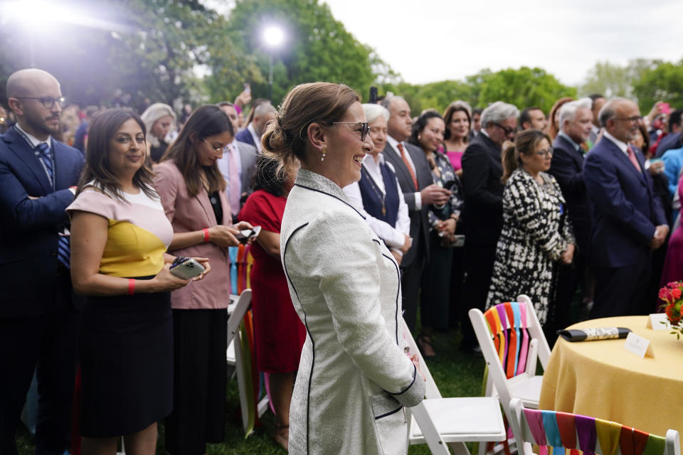 Mexico's first lady Beatriz Gutierrez Muller listens as first lady Jill Biden speaks during a Cinco de Mayo event in the Rose Garden of the White House, Thursday, May 5, 2022, in Washington. (AP Photo/Evan Vucci)