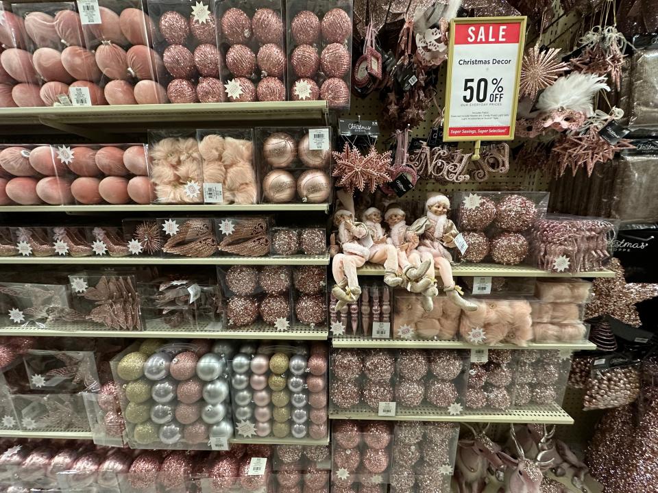 Rose gold ornaments and Christmas decor in Hobby Lobby