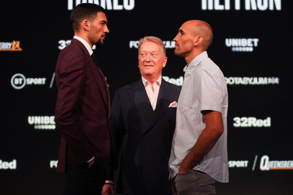 Sheeraz facing off with Francisco Emanuel Torres ahead of their clash (Queensberry Promotions)