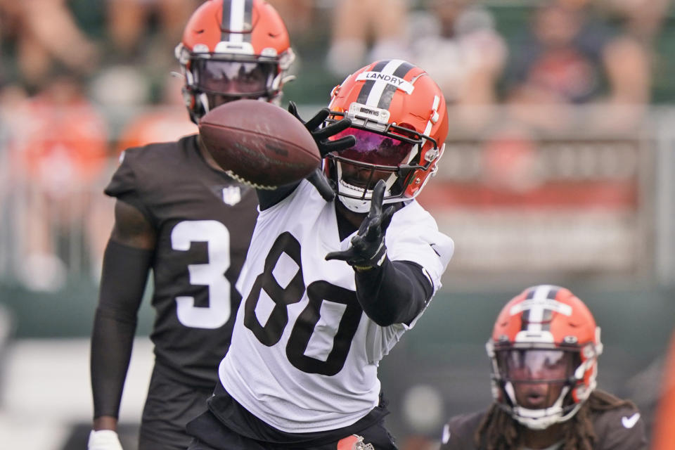 Cleveland Browns wide receiver Jarvis Landry (80) catches a pass during an NFL football practice, Saturday, July 31, 2021, in Berea, Ohio. (AP Photo/Tony Dejak)