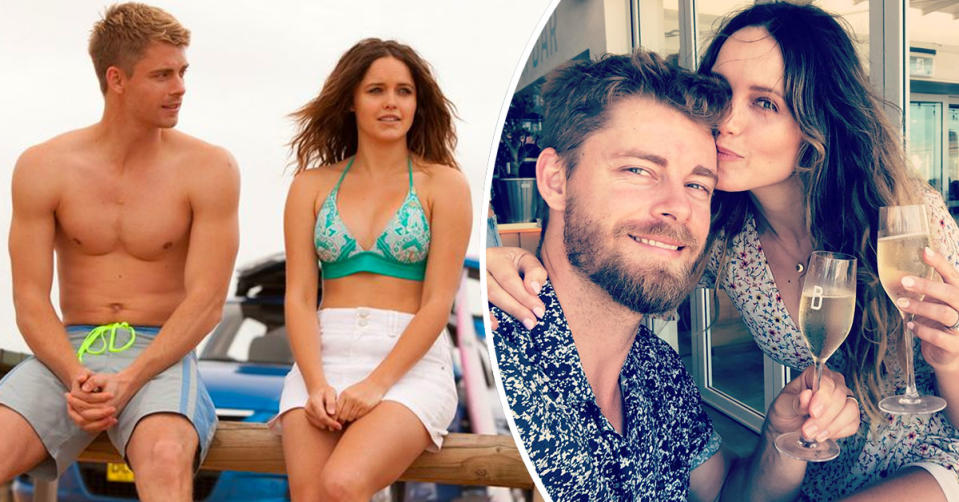 L: Luke Mitchell and Rebecca Breeds on Home and Away. R: Luke Mitchell and Rebecca Breeds have a glass of champagne