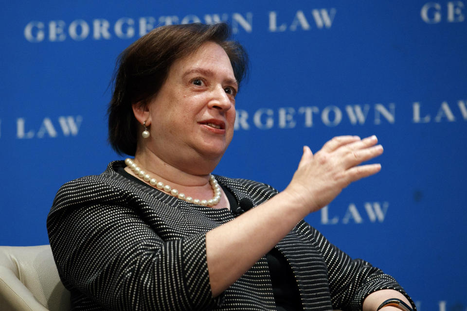 U.S. Supreme Court Justice Elena Kagan gestures as she speaks during an event at Georgetown Law, Thursday, July 18, 2019, in Washington. (AP Photo/Jacquelyn Martin)