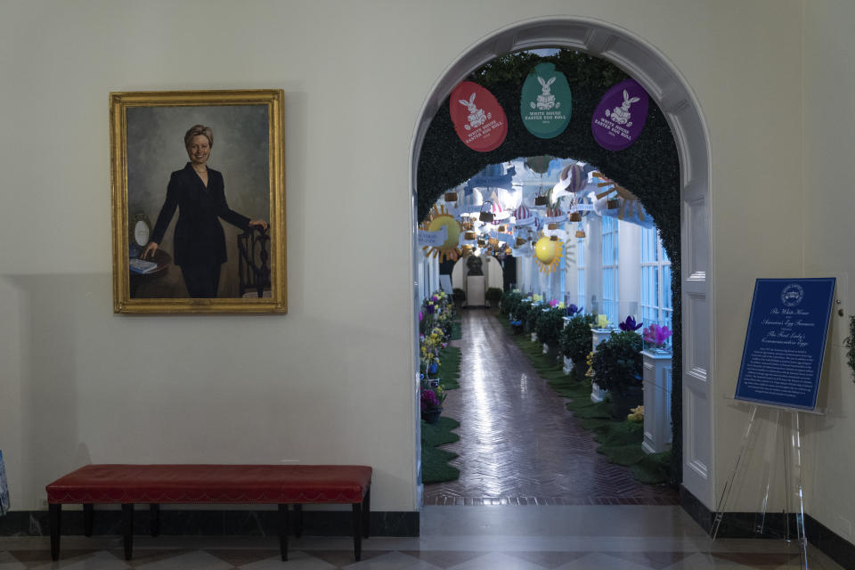 Decorations for the White House Easter Egg Roll adorn the East Colonnade of the White House, Thursday, March 28, 2024, in Washington. (AP Photo/Evan Vucci)