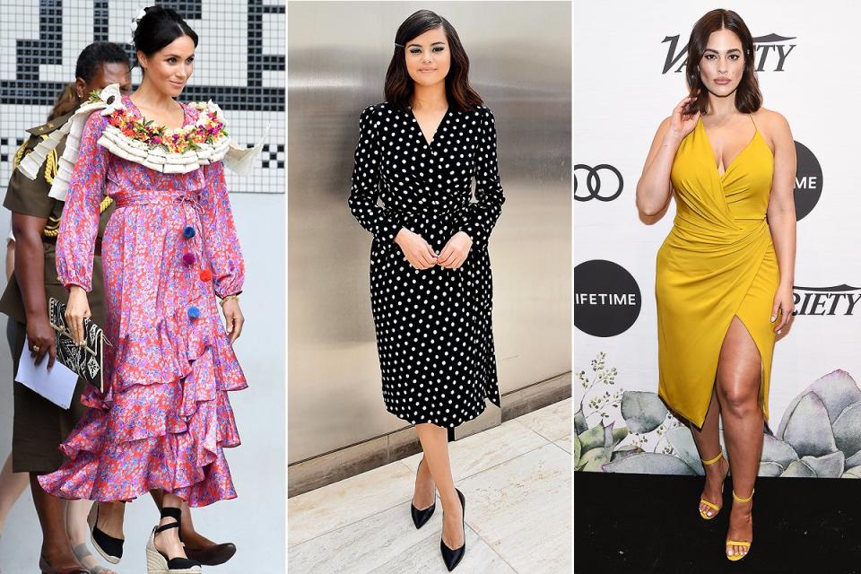 Figuring out what to wear on those hot and sticky days of summer can sometimes be challenging. Instead of wasting time trying to piece together a stylish outfit, take a cue from chic celebs like <a href="https://people.com/tag/selena-gomez/" rel="nofollow noopener" target="_blank" data-ylk="slk:Selena Gomez;elm:context_link;itc:0;sec:content-canvas" class="link ">Selena Gomez</a>, <a href="https://people.com/tag/meghan-markle/" rel="nofollow noopener" target="_blank" data-ylk="slk:Meghan Markle;elm:context_link;itc:0;sec:content-canvas" class="link ">Meghan Markle</a>, and <a href="https://people.com/tag/ashley-graham/" rel="nofollow noopener" target="_blank" data-ylk="slk:Ashley Graham;elm:context_link;itc:0;sec:content-canvas" class="link ">Ashley Graham</a> and make a cute wrap dress your summertime go-to. Not only is the waist-cinching silhouette universally flattering, but the <a href="https://people.com/shop/fashion/womens-clothing/dresses-a1182385240.html" rel="nofollow noopener" target="_blank" data-ylk="slk:easy breezy frocks;elm:context_link;itc:0;sec:content-canvas" class="link ">easy breezy frocks</a> are lightweight, versatile, and super easy to dress up or down. Click through to see how five fashion-forward celebrities are styling this season’s must-have wrap-around dresses, then shop one (or two) for yourself!