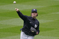 New York Yankees starting pitcher Gerrit Cole throws on the field during a workout with his team, Wednesday, March 31, 2021, at Yankee Stadium in New York. Cole will be the Yankees starting pitcher when the Yankees face the Toronto Blue Jays on opening day Thursday. (AP Photo/Kathy Willens)