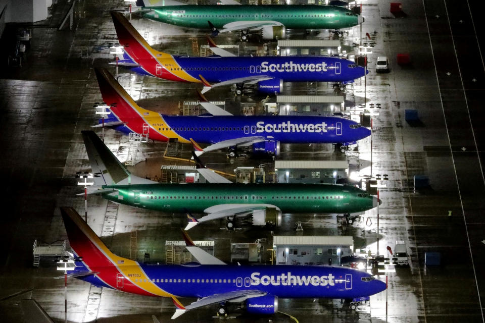 Aerial photos showing Boeing 737 Max airplanes parked at Boeing Field in Seattle, Washington