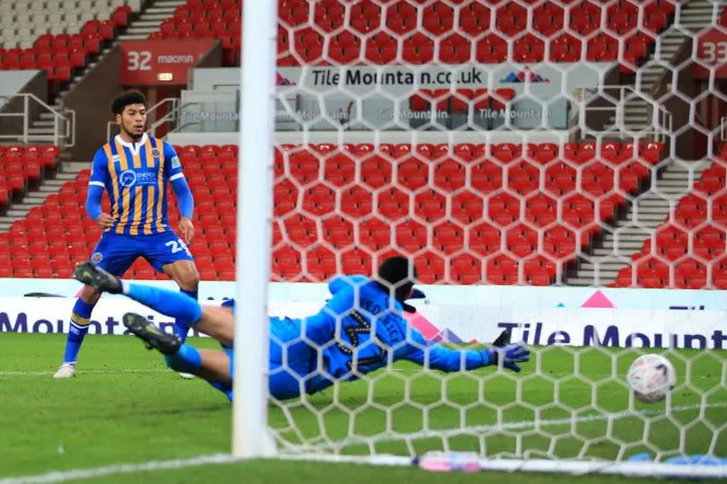 Josh Laurent scores an FA Cup winner for Shrewsbury at Stoke in January 2019.