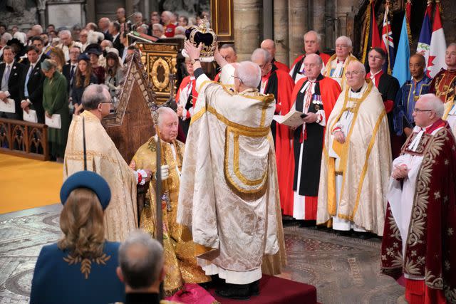 <p>Jonathan Brady - WPA Pool/Getty Images</p> King Charles is crowned at the coronation on May 6, 2023