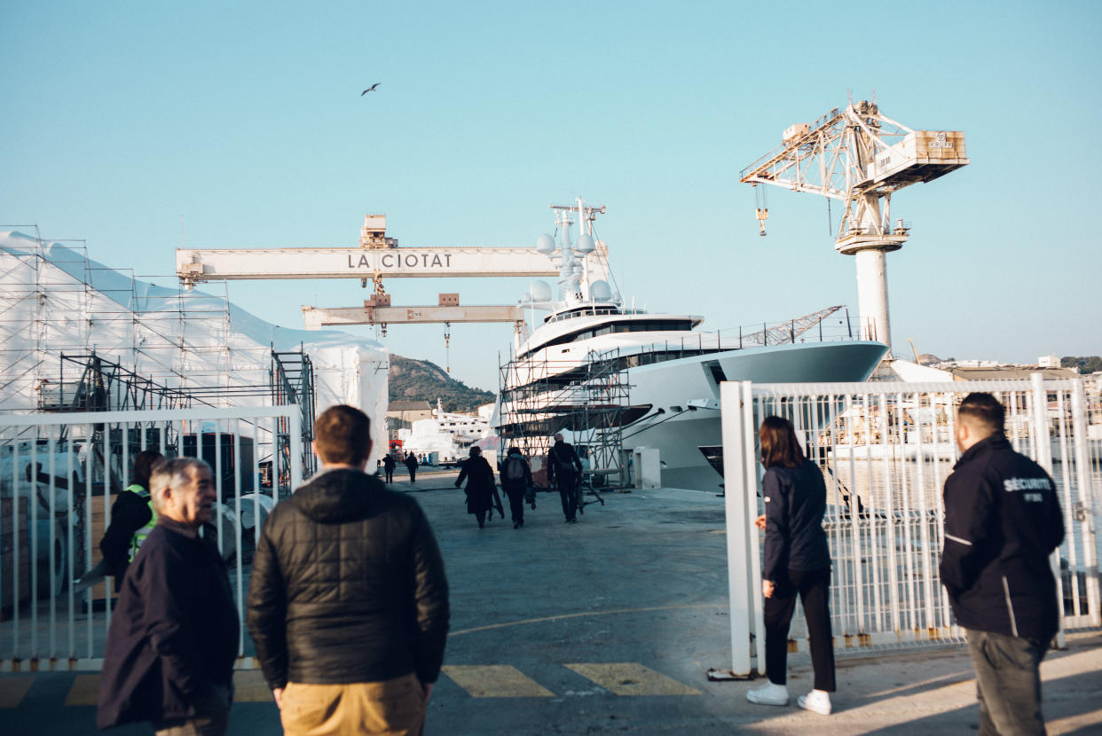 The superyacht Amore Vero, owned by a company whose main shareholder is the head of Rosneft Oil, after being impounded by French authorities in La Ciotat on March 4. 