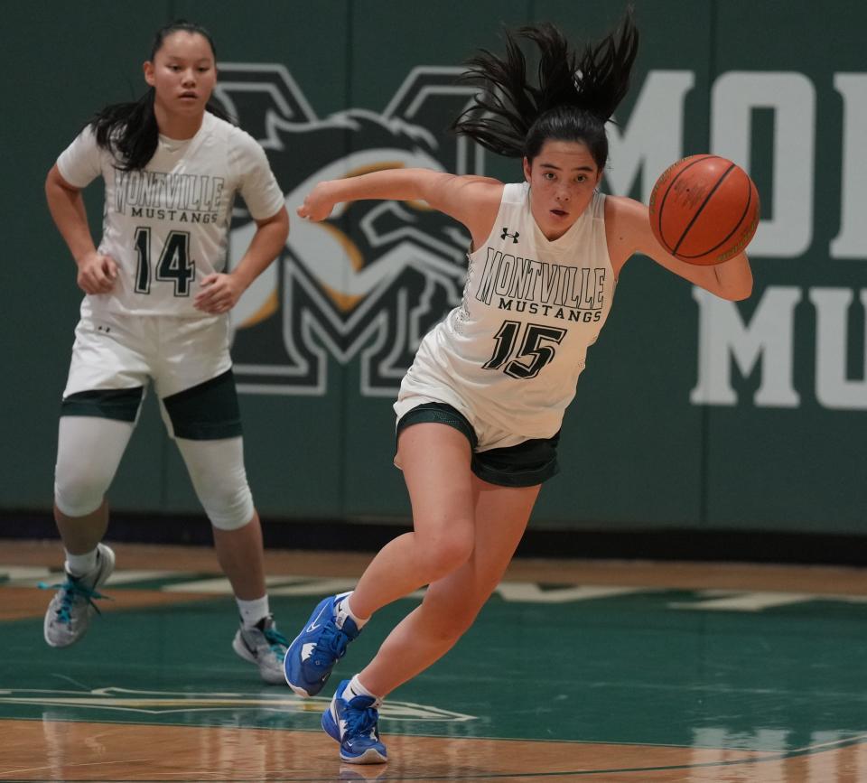 Juliana O’Dowd of Montville heads down court in the second half as Montville topped Pope John 64-39 in NJAC-American girls basketball played in Montville, NJ on January 12, 2023.