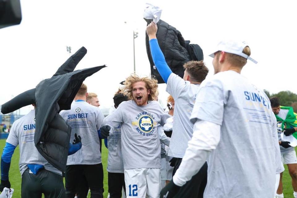 Kentucky players celebrate after winning the Sun Belt Conference Tournament championship and the league’s automatic bid to the NCAA Tournament at UK’s Bell Soccer Complex in 2022. The Wildcats finished 15-1-5 last season.