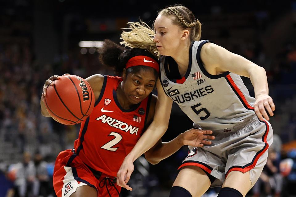 Aari McDonald drives against Paige Bueckers.