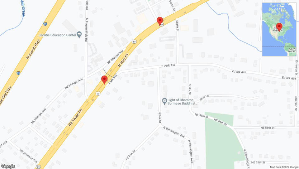 A detailed map that shows the affected road due to 'US-69 North closed in Kansas City' on June 1st at 12:02 a.m.