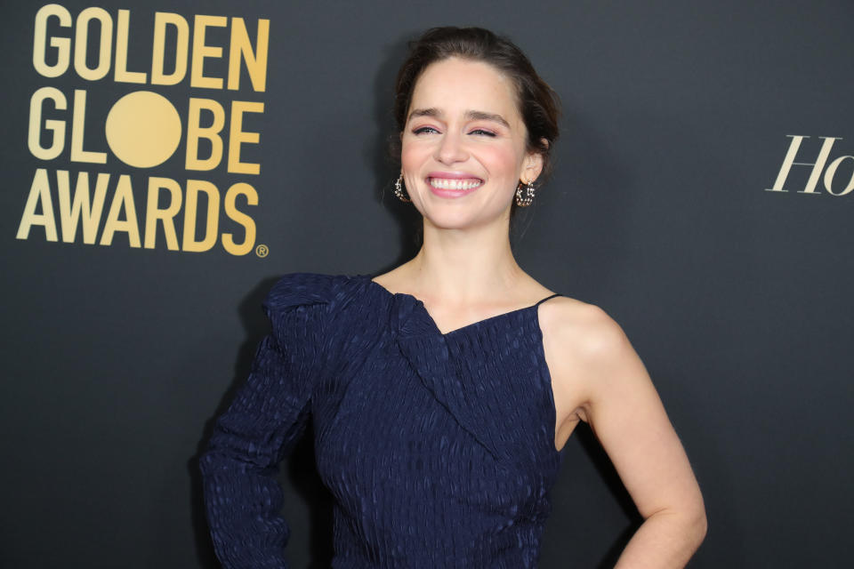 WEST HOLLYWOOD, CALIFORNIA - NOVEMBER 14: Emilia Clarke attends HFPA And THR Golden Globe Ambassador Party at Catch LA on November 14, 2019 in West Hollywood, California. (Photo by Leon Bennett/WireImage)